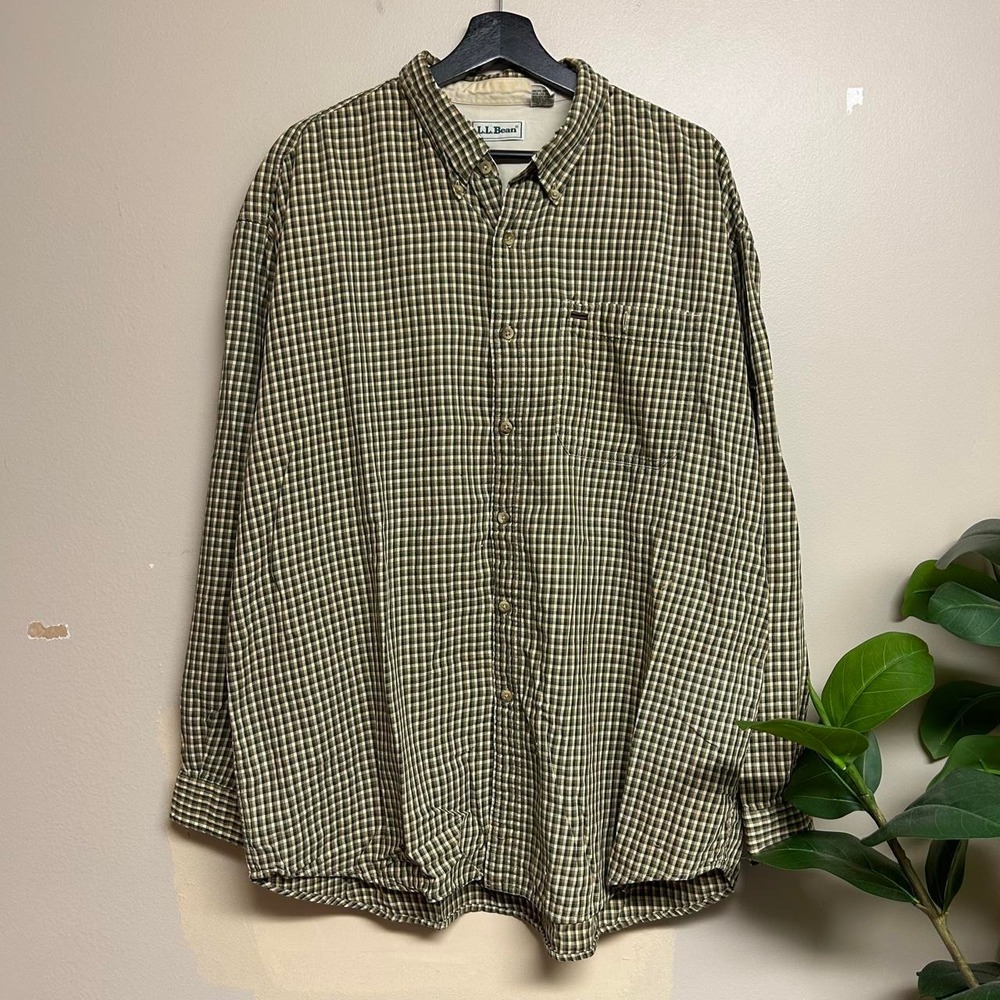 Vintage 90s LL Bean Green Khaki Checkered Button Up Shirt Mens XL 0DD47